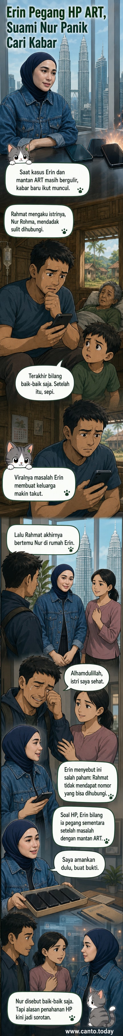 Ilustrasi Erin Taulany berbicara dengan suami ART, dengan ponsel di tangan, latar rumah dan suasana tegang yang mereda.