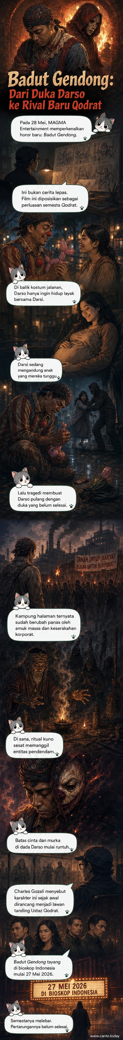 Poster film horor 'Badut Gendong' menampilkan sosok badut dengan ekspresi menyeramkan, menggendong boneka kecil, latar belakang gelap dengan nuansa mistis.