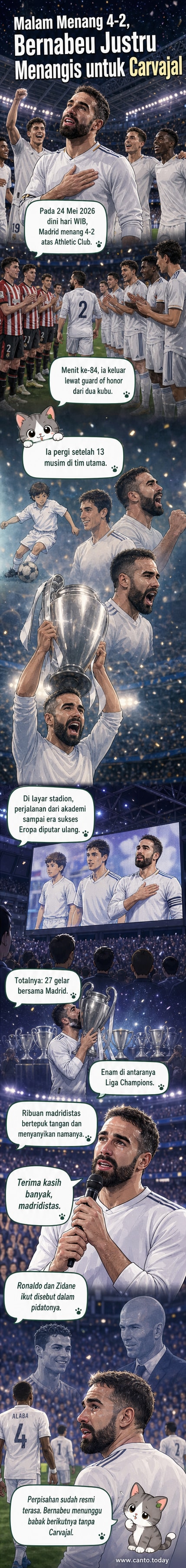 Dani Carvajal berdiri di tengah lapangan Santiago Bernabeu dengan mikrofon di tangan, dikelilingi sorotan lampu stadion dan layar video yang menampilkan momen kariernya, saat perpisahan resmi dari Real Madrid.
