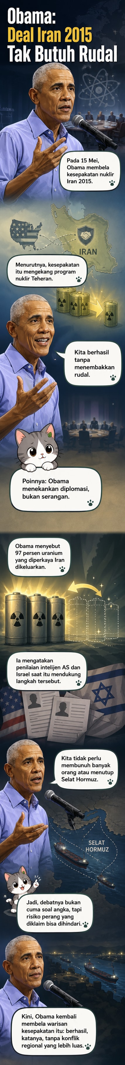 Ilustrasi Barack Obama berdiri di samping peta Iran dan simbol nuklir, dengan tanda centang damai dan rudal yang tidak digunakan.