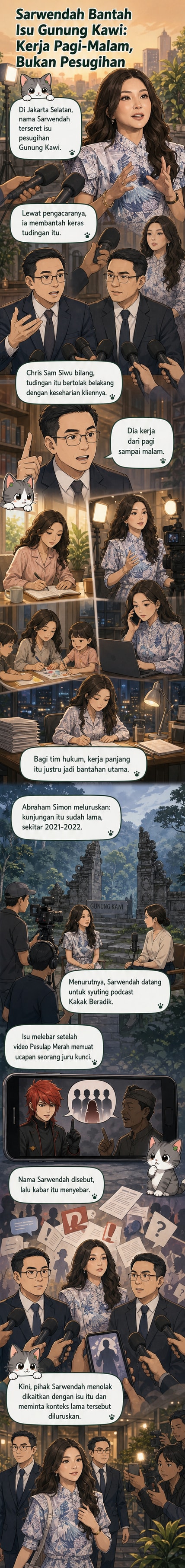 Ilustrasi Sarwendah dikelilingi simbol kerja keras seperti jam kerja panjang dan aktivitas siang-malam, dengan latar belakang Gunung Kawi yang samar.