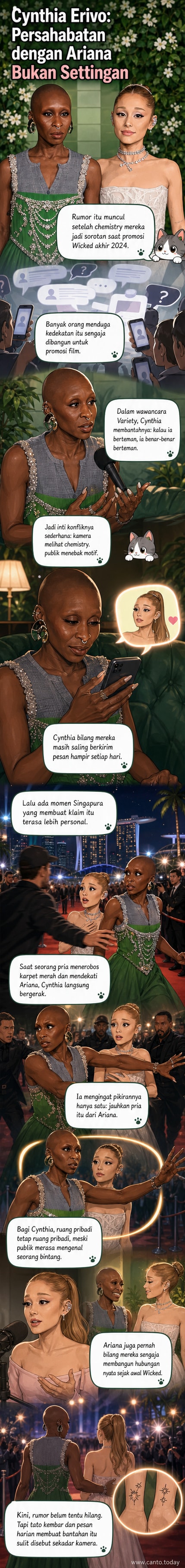 Ilustrasi dua aktris berpelukan di karpet merah, satu melindungi yang lain dari kerumunan, dengan latar poster film Wicked.