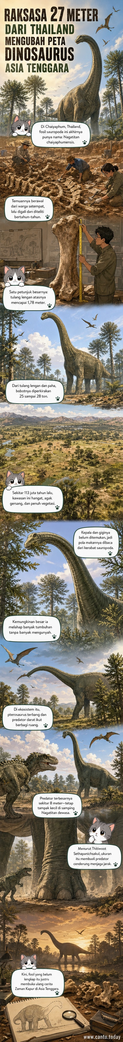 Ilustrasi dinosaurus raksasa Nagatitan chaiyaphumensis berdiri di lanskap subtropis purba, dengan latar hutan dan langit jernih, sementara fosil tulang belakang dan humerus ditampilkan dalam inset.
