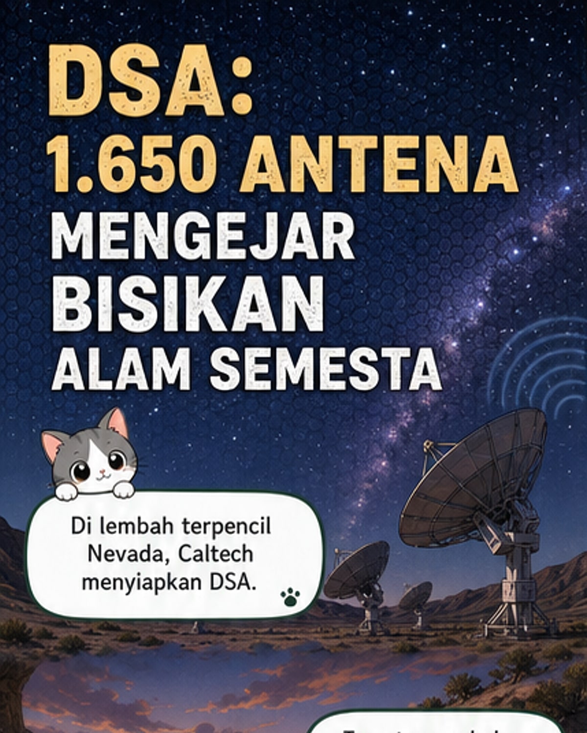 Ilustrasi Deep Synoptic Array dengan ribuan antena radio tersebar di gurun Nevada, menghadap ke langit malam penuh bintang.