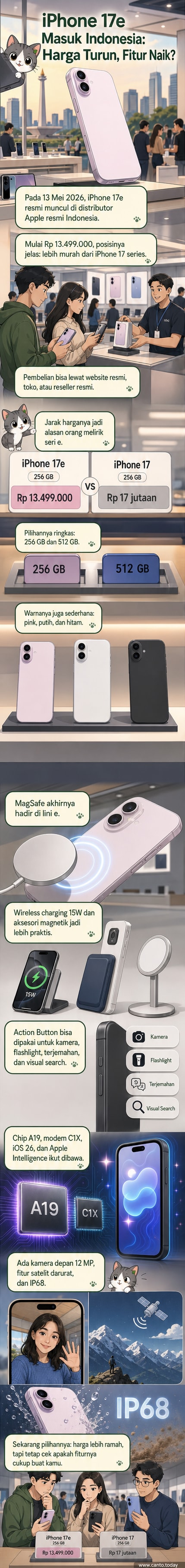 Ilustrasi ponsel iPhone 17e dalam tiga pilihan warna: pink, putih, dan hitam, dengan latar belakang toko resmi Apple di Indonesia.