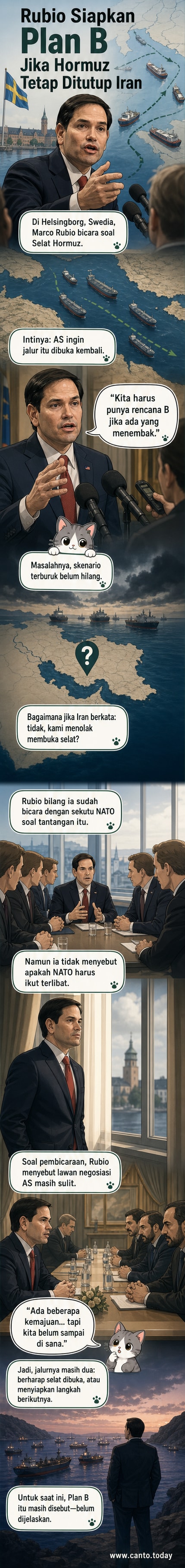 Ilustrasi kapal perang AS dan Iran di Selat Hormuz dengan latar belakang kapal tanker minyak dan simbol konflik.
