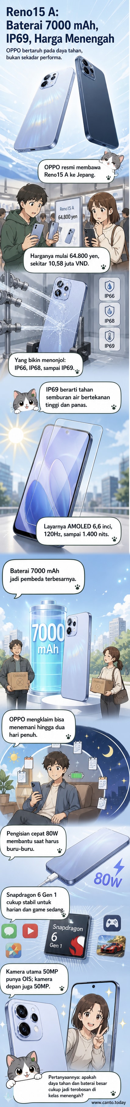Ilustrasi ponsel OPPO Reno15 A dengan baterai besar dan simbol ketahanan air IP69 di latar belakang