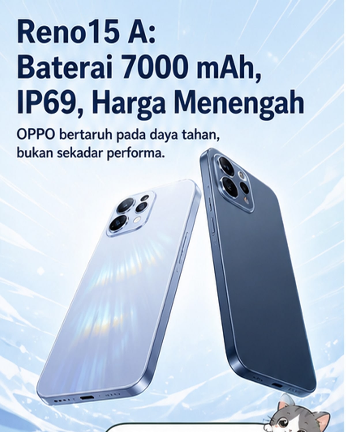 Ilustrasi ponsel OPPO Reno15 A dengan baterai besar dan simbol ketahanan air IP69 di latar belakang