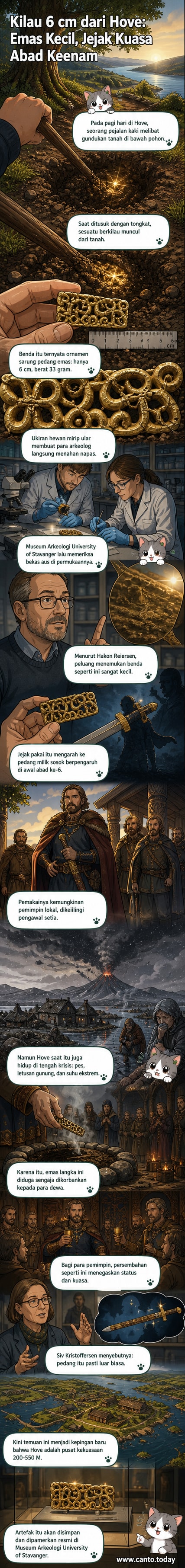Ilustrasi ornamen emas berbentuk hewan dan figur mitologis dari abad ke-6 yang ditemukan di tanah Norwegia, dengan latar hutan dan cahaya temuan.