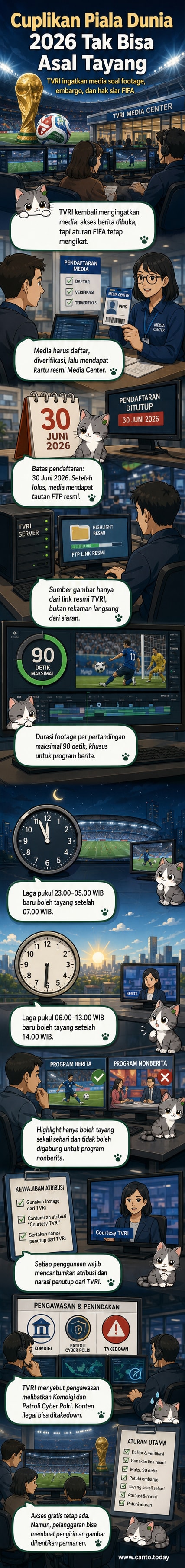 Ilustrasi panel berita olahraga dengan logo TVRI dan Piala Dunia 2026, menunjukkan aturan penggunaan footage untuk media.