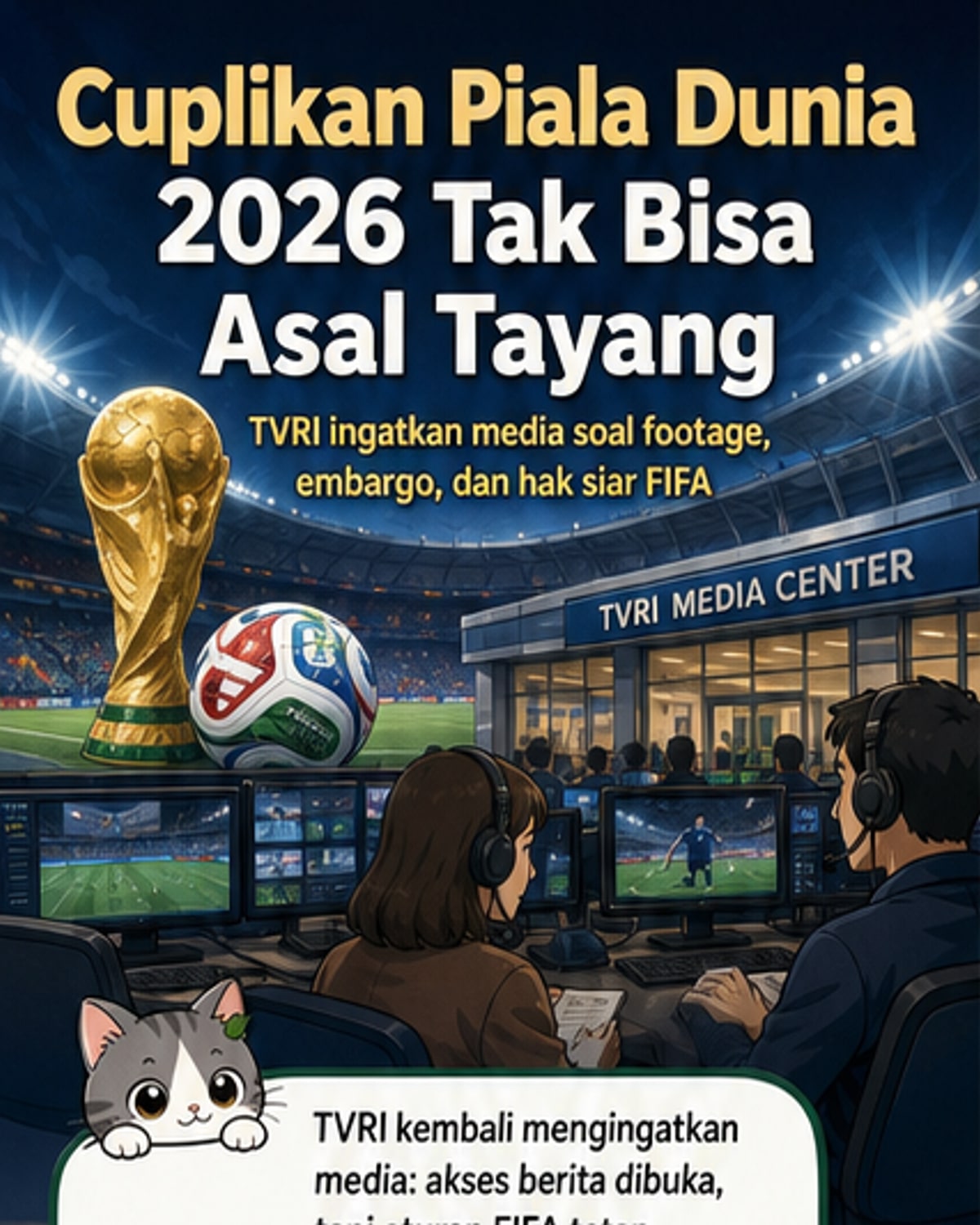 Ilustrasi panel berita olahraga dengan logo TVRI dan Piala Dunia 2026, menunjukkan aturan penggunaan footage untuk media.