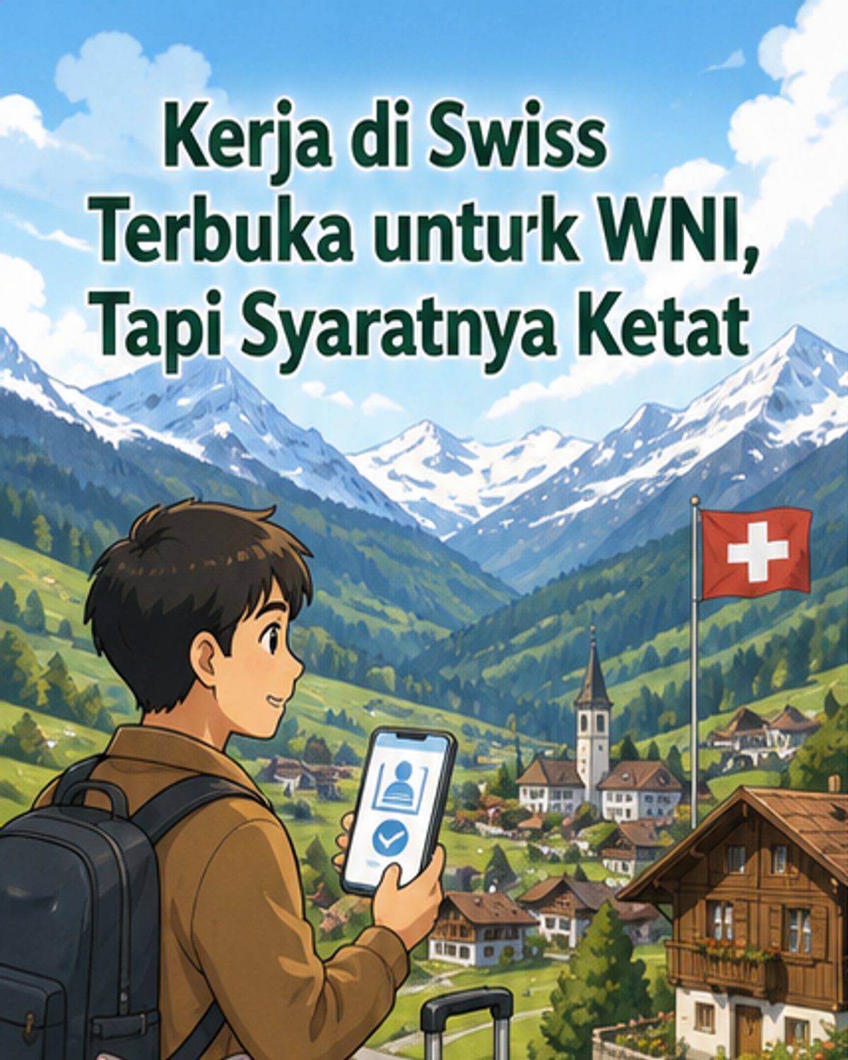 Ilustrasi seorang profesional muda Indonesia berdiri di depan gedung perkantoran modern di Swiss, dengan bendera Swiss dan Indonesia berkibar di latar belakang.