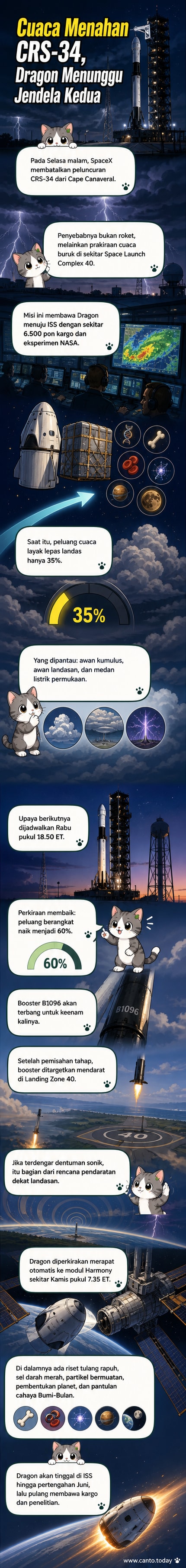 Ilustrasi roket Falcon 9 SpaceX meluncur dari Cape Canaveral menuju Stasiun Luar Angkasa Internasional, dengan awan tebal di sekitar landasan peluncuran.