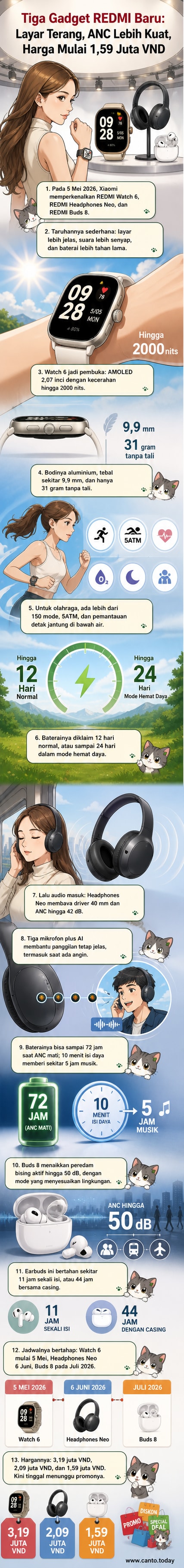 Ilustrasi tiga perangkat wearable Xiaomi: Redmi Watch 6, Redmi Headphones Neo, dan Redmi Buds 8, disusun rapi dengan latar teknologi modern.