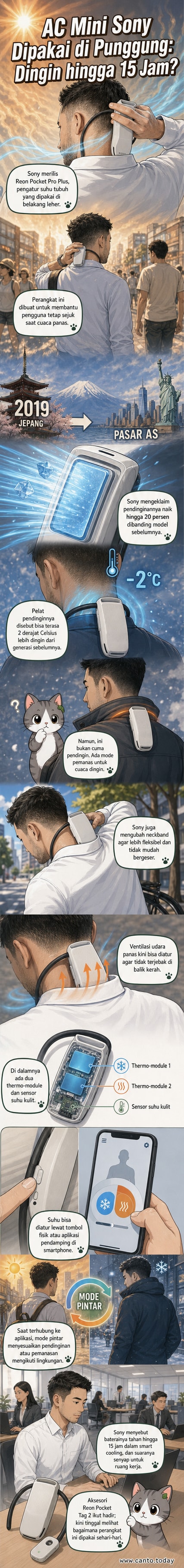 Ilustrasi perangkat Reon Pocket Pro Plus yang dipakai di belakang leher, menunjukkan bagian pendingin dan ventilasi udara panas yang keluar dari samping.