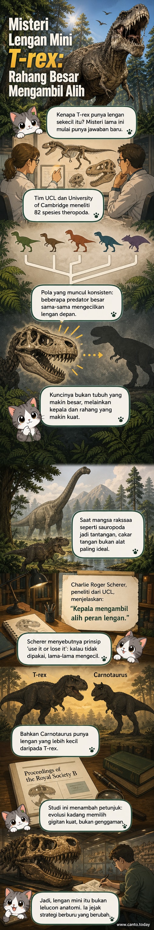 Ilustrasi dinosaurus T-rex dengan tubuh besar, rahang kuat, dan lengan pendek di lingkungan purba, disertai diagram evolusi rahang dan lengan.