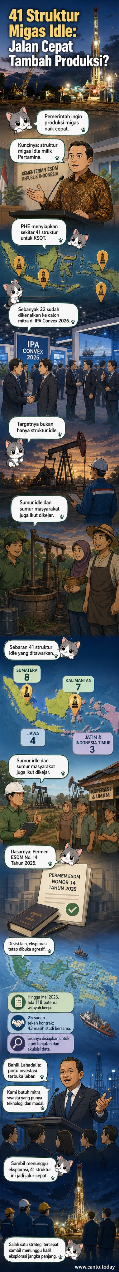 Ilustrasi alur kerja sama pemerintah dan swasta untuk mengaktifkan kembali struktur migas menganggur milik Pertamina, dengan peta sebaran lokasi dan tahapan kolaborasi teknologi.