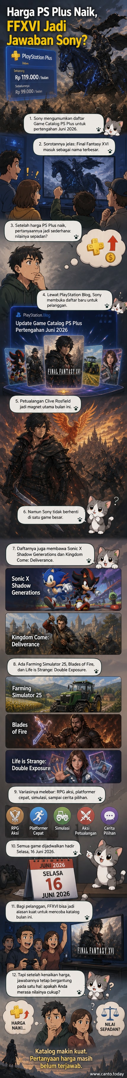 Ilustrasi Final Fantasy XVI dengan logo PS Plus di latar belakang, menunjukkan game tersebut akan hadir di katalog berlangganan.