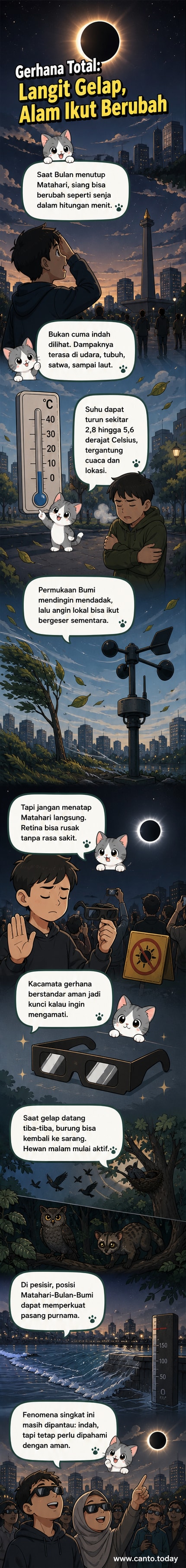 Ilustrasi gerhana matahari total dengan bayangan menutupi Bumi, hewan terlihat bingung, dan suhu udara turun drastis.