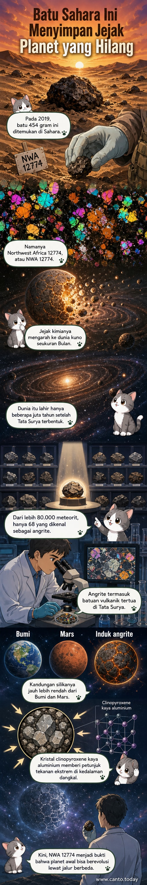 Ilustrasi meteorit berwarna gelap dengan latar belakang gurun Sahara dan lanskap Tata Surya purba, menunjukkan asal usulnya dari planetesimal yang hancur.
