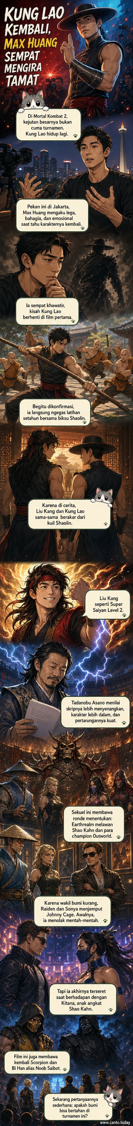 Poster film Mortal Kombat 2 dengan siluet tokoh Kung Lao di tengah, latar belakang ledakan dan aura energi, nuansa merah dan hitam dominan.