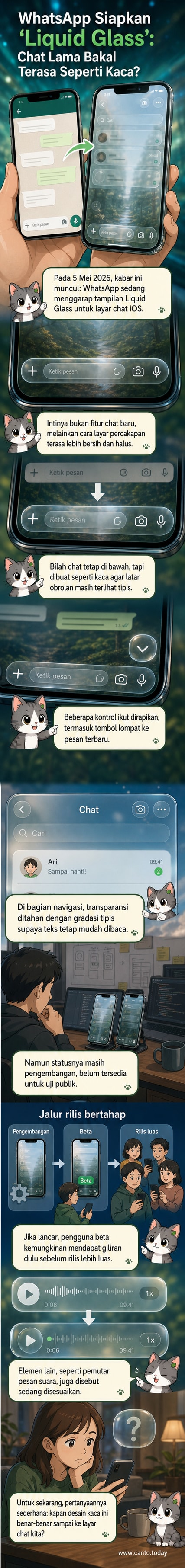 Ilustrasi antarmuka WhatsApp dengan desain 'Liquid Glass' yang menampilkan efek transparan pada bilah chat dan navigasi, dengan latar belakang wallpaper terlihat samar.