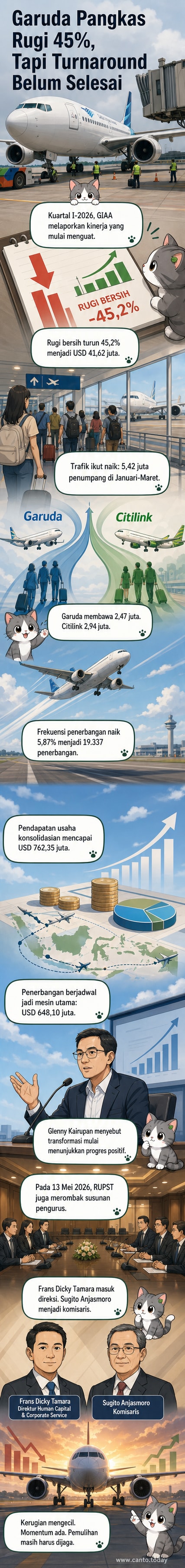 Ilustrasi pesawat Garuda Indonesia terbang di atas awan dengan grafik penurunan kerugian dan kenaikan jumlah penumpang di bawahnya.