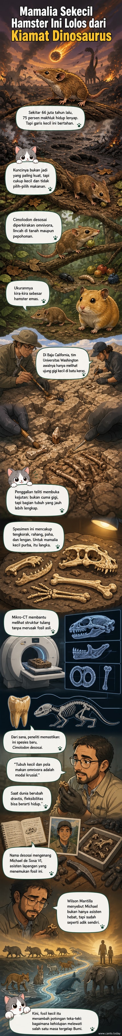 Ilustrasi webtoon ilmiah menunjukkan mamalia kecil mirip tikus, Cimolodon desosai, bersembunyi di reruntuhan hutan setelah asteroid menghantam Bumi, dengan dinosaurus di latar belakang yang mulai punah.