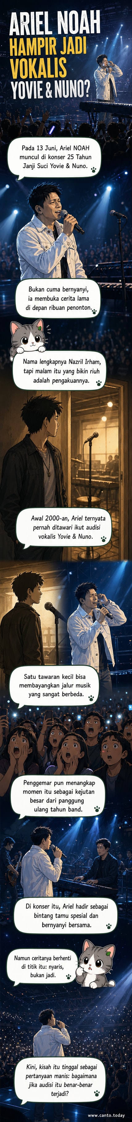 Ilustrasi Ariel NOAH berdiri di panggung konser Yovie & Nuno, mengenang momen ketika dia nyaris menjadi vokalis mereka.