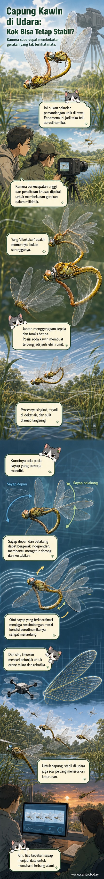 Ilustrasi dua capung yang terbang berpasangan membentuk formasi roda kawin di atas permukaan air, dengan detail gerakan sayap yang presisi.