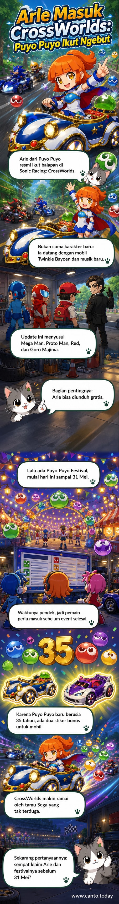Karakter Arle dari Puyo Puyo mengemudi di mobil futuristik Twinkle Bayoen dalam balapan bersama karakter Sonic lainnya.