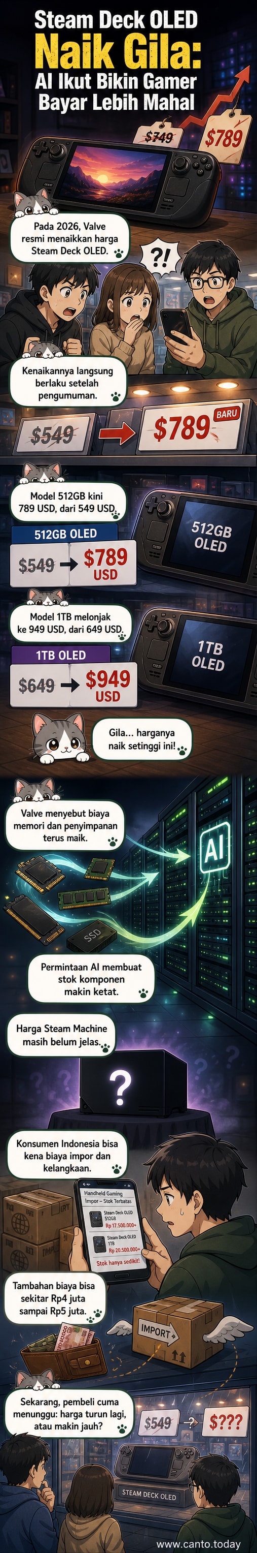 Ilustrasi Steam Deck dengan latar belakang grafik kenaikan harga dan chip memori, menunjukkan kenaikan harga akibat tekanan pasokan komponen AI.