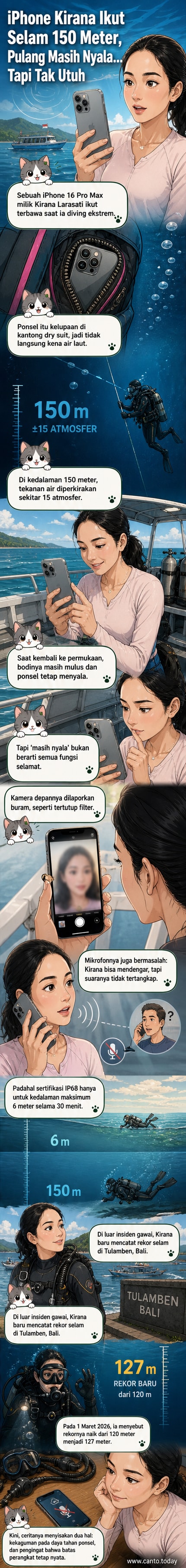 Ilustrasi iPhone 16 Pro Max terbawa menyelam di kedalaman laut dengan tekanan tinggi, layar masih menyala tapi kamera dan mikrofon rusak