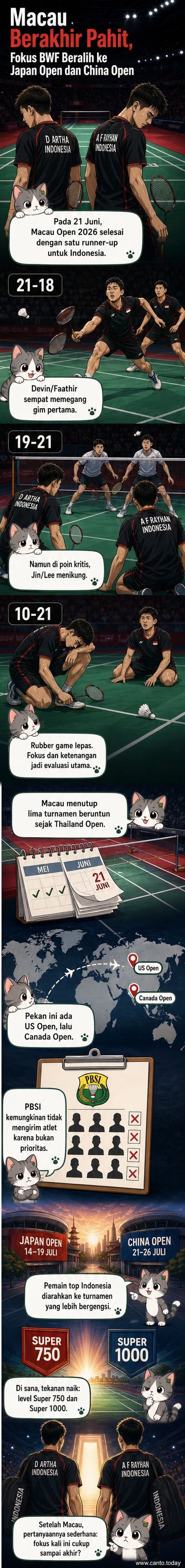 Ilustrasi dua pemain bulutangkis Indonesia bermain di lapangan dengan latar turnamen internasional, fokus pada pasangan ganda muda usai Macau Open