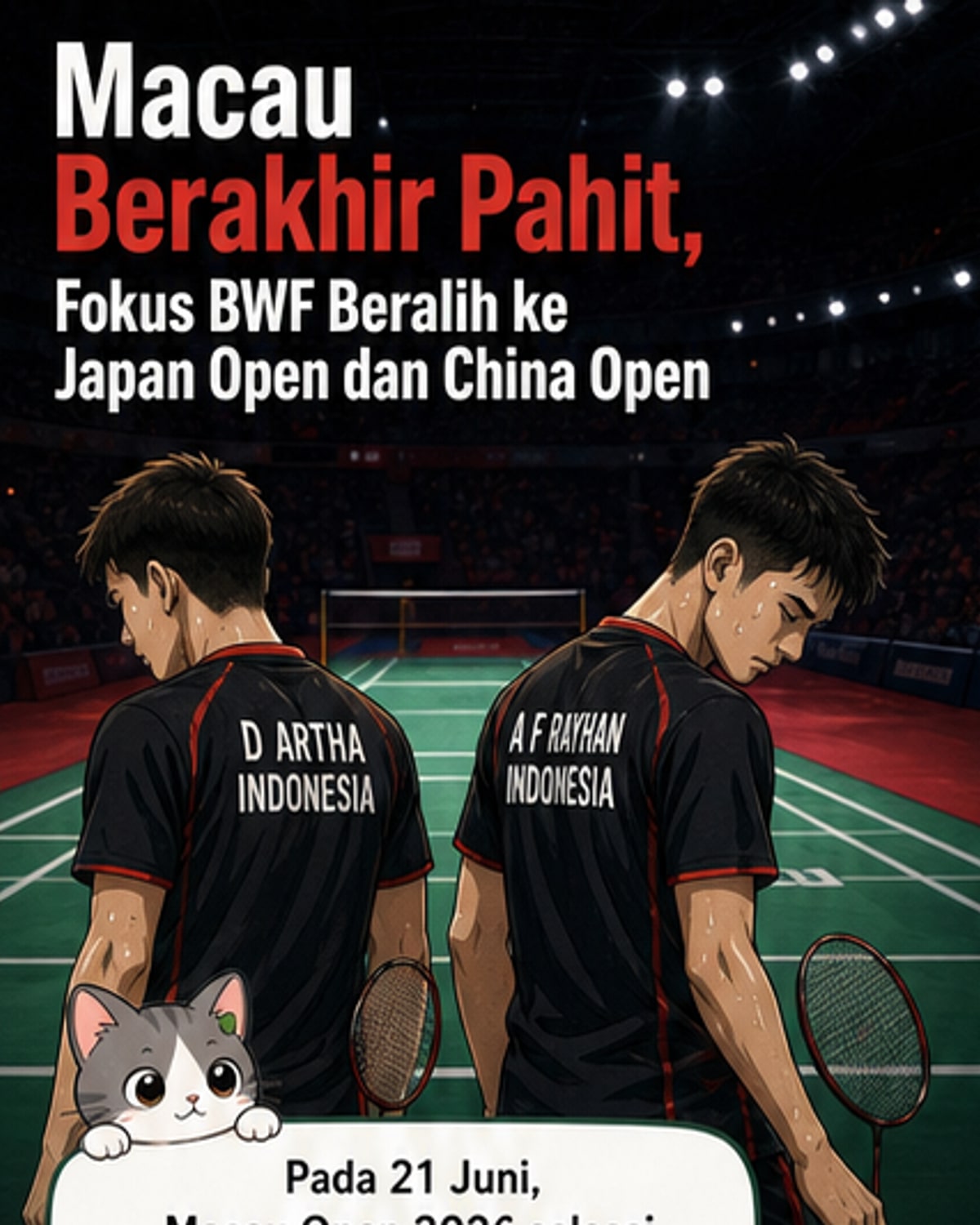 Ilustrasi dua pemain bulutangkis Indonesia bermain di lapangan dengan latar turnamen internasional, fokus pada pasangan ganda muda usai Macau Open