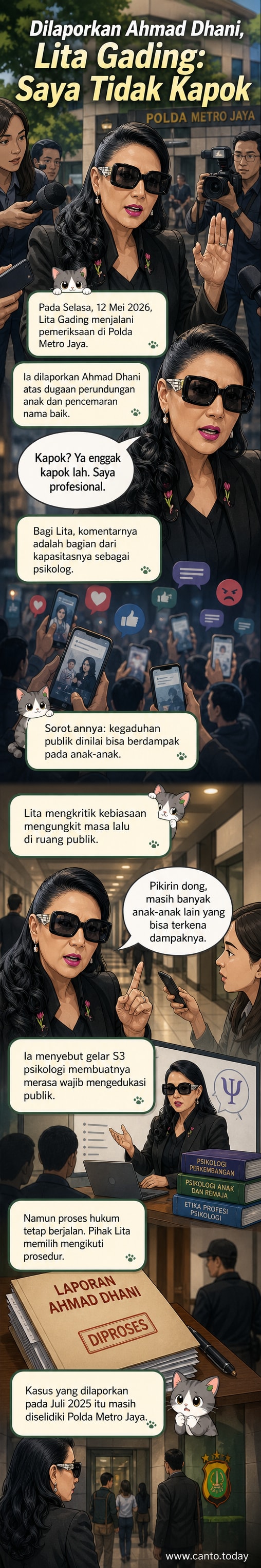Ilustrasi psikolog wanita berbicara di depan gedung kepolisian, dengan latar belakang simbol psikologi dan media sosial.