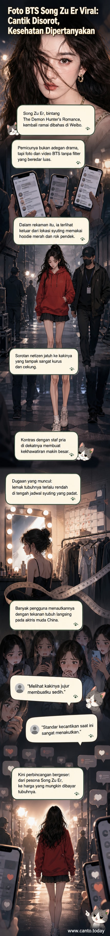 Ilustrasi aktris Song Zu Er berjalan keluar lokasi syuting dengan hoodie merah dan rok pendek, kaki terlihat sangat kurus, kontras dengan staf pria di sekitarnya.