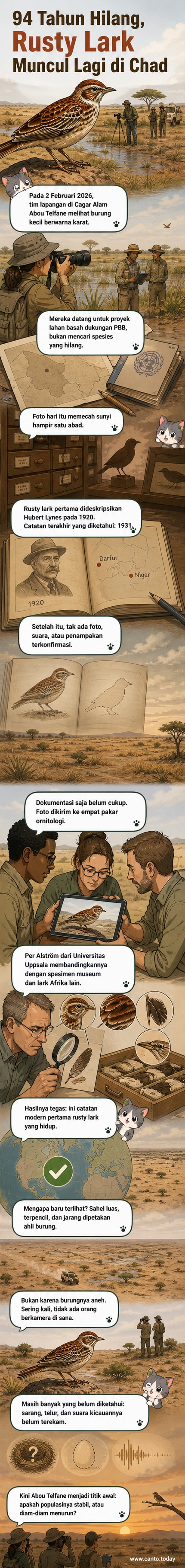 Ilustrasi burung rusty lark berwarna coklat kemerahan sedang bertengger di rerumputan sabana Afrika, dengan latar cagar alam Abou Telfane di Chad.