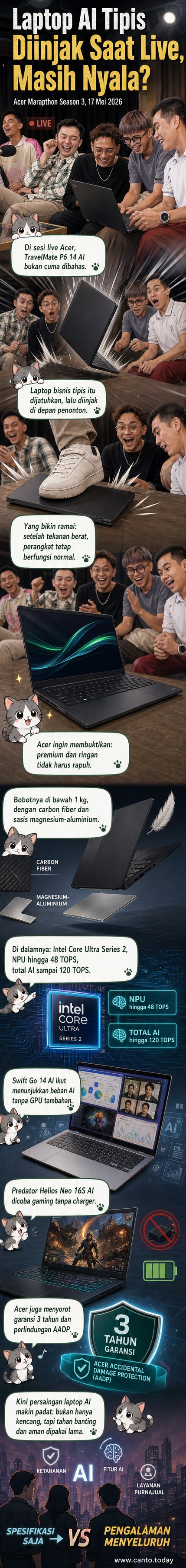 Ilustrasi laptop Acer TravelMate P6 AI diinjak namun tetap menyala dalam sesi livestream Marapthon Season 3