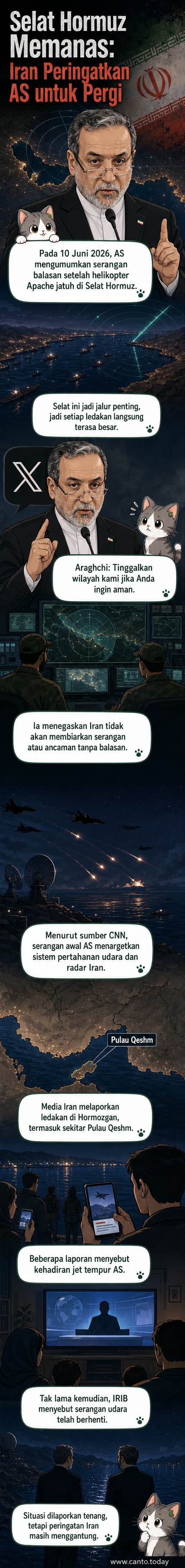 Ilustrasi ketegangan militer di Selat Hormuz dengan siluet kapal perang dan helikopter jatuh, latar belakang peringatan dari pejabat Iran.