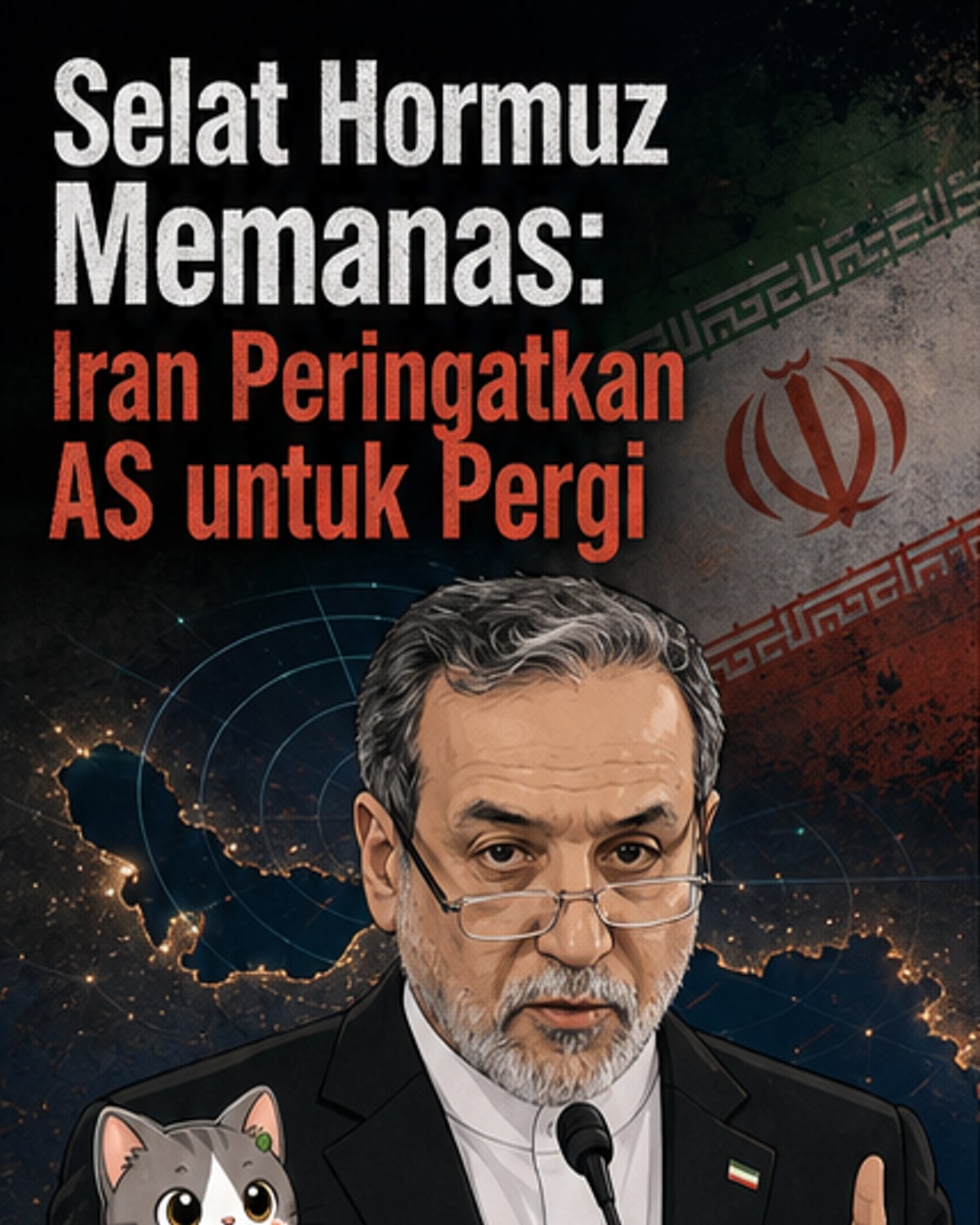 Ilustrasi ketegangan militer di Selat Hormuz dengan siluet kapal perang dan helikopter jatuh, latar belakang peringatan dari pejabat Iran.
