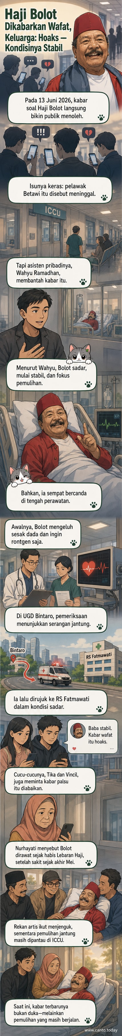 Ilustrasi Haji Bolot tersenyum lemah di ranjang rumah sakit, dikelilingi selang infus, dengan suasana tenang dan penuh doa dari keluarga dan rekan artis.