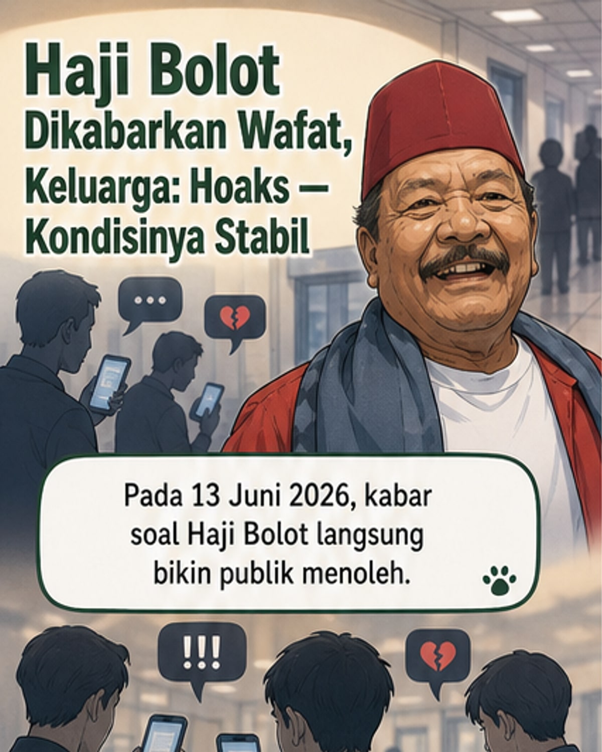 Ilustrasi Haji Bolot tersenyum lemah di ranjang rumah sakit, dikelilingi selang infus, dengan suasana tenang dan penuh doa dari keluarga dan rekan artis.