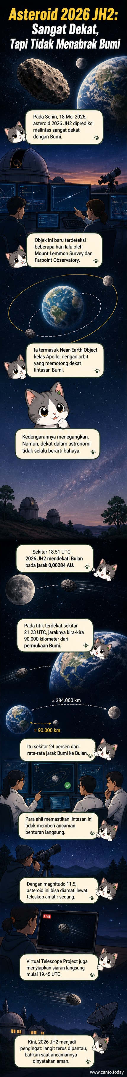 Ilustrasi asteroid 2026 JH2 melintas dekat Bumi dengan lintasan orbitnya, dilihat dari sudut luar angkasa.