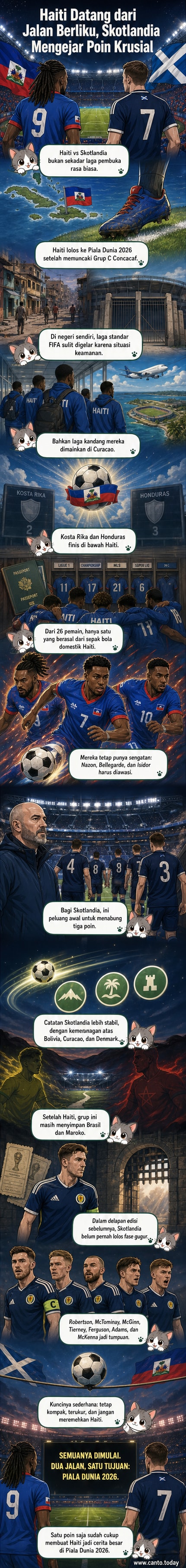 Ilustrasi dua tim sepak bola berhadapan di stadion besar, dengan pemain Haiti memakai jersey merah-hitam dan pemain Skotlandia memakai jersey biru, latar belakang bendera Haiti dan Skotlandia, suasana Piala Dunia 2026 di Amerika Utara.