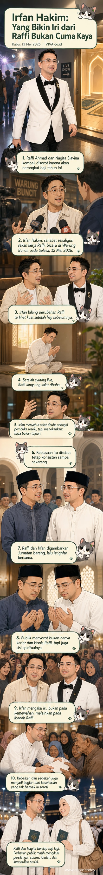 Ilustrasi Raffi Ahmad sedang salat dhuha di lokasi syuting, dengan Irfan Hakim berdiri di sampingnya sambil tersenyum.