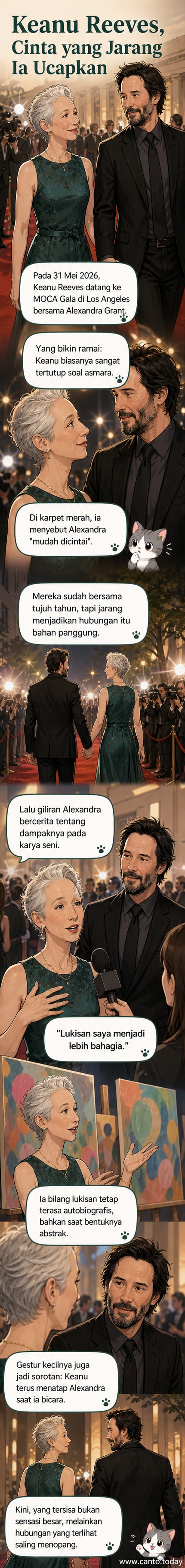 Keanu Reeves dan kekasihnya, seniman Alexandra Grant, berjalan bergandengan tangan di karpet merah MOCA Gala 2026 di Los Angeles, tampak mesra dan saling menatap.