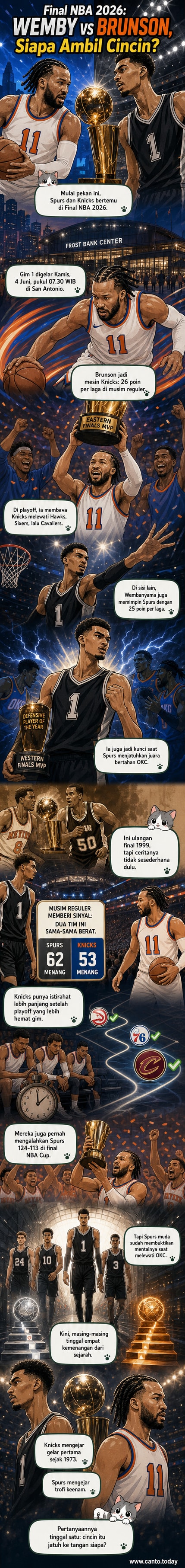 Ilustrasi dua pemain basket saling berhadapan di bawah ring, satu mengenakan jersey Spurs warna hitam, satu lagi jersey Knicks warna oranye, dengan latar stadion penuh penonton.