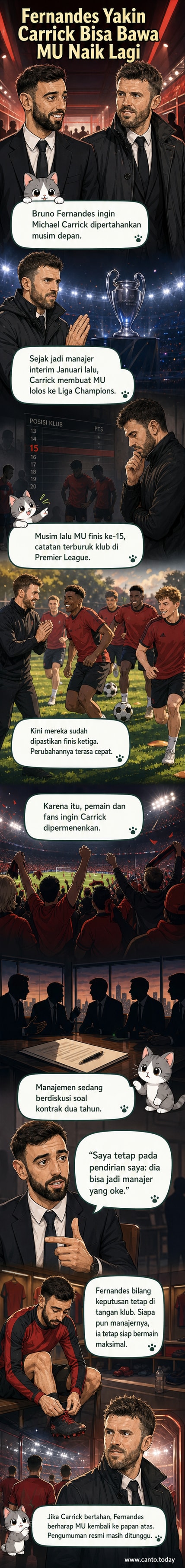 Ilustrasi Bruno Fernandes berbicara tentang pelatih Michael Carrick di depan logo Manchester United