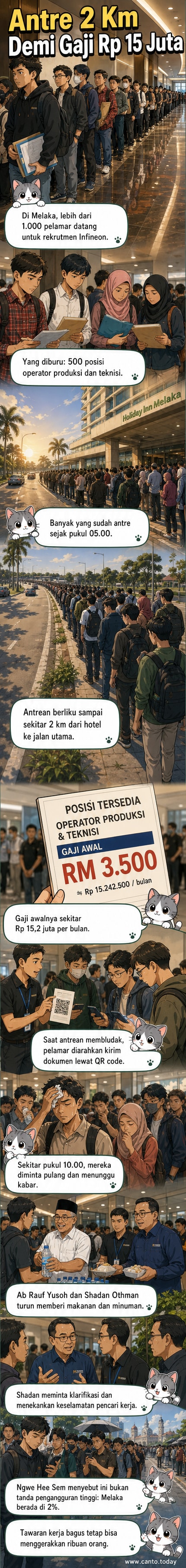 Kerumunan besar pelamar kerja mengular di jalan menuju Hotel Holiday Inn di Melaka, Malaysia, dalam antrean panjang untuk lowongan di pabrik semikonduktor Infineon.